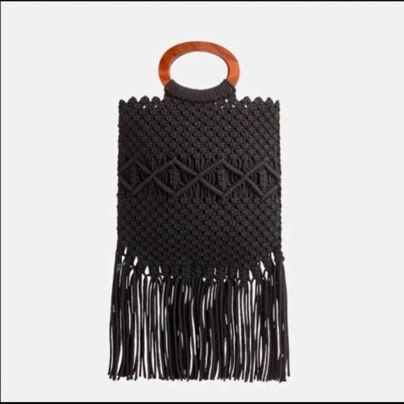 Danielle Nicole Macrame Fringe Tassel Wooden Handle Crossbody Bag in Black - Picture 1 of 10